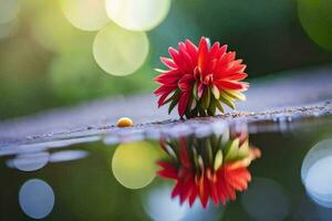 ein rot Blume ist reflektiert im das Wasser. KI-generiert foto