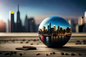 ein Stadtbild ist reflektiert im ein Glas Ball. KI-generiert foto