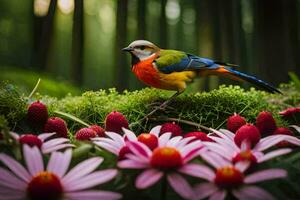 ein bunt Vogel ist Stehen auf oben von ein Moos bedeckt Pflanze. KI-generiert foto