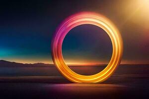 ein bunt Licht Ring ist gezeigt im das Mitte von das Ozean. KI-generiert foto