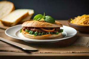 ein Hamburger mit Gemüse und Brot auf ein Platte. KI-generiert foto