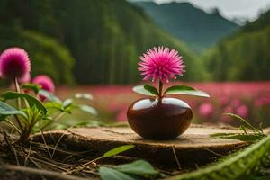 ein klein Blume ist Sitzung im ein Vase auf das Boden. KI-generiert foto