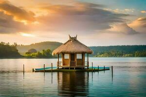 ein klein Hütte auf das See beim Sonnenuntergang. KI-generiert foto