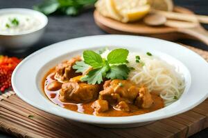 Hähnchen Curry im ein Weiß Schüssel mit Nudeln und garniert mit Petersilie. KI-generiert foto