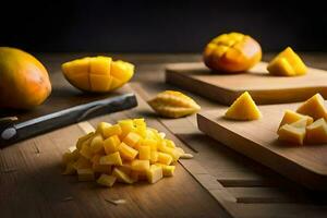 ein Schneiden Tafel mit geschnitten Mangos und ein Messer. KI-generiert foto