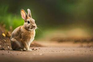 ein Hase Sitzung auf das Boden im das Mitte von ein Feld. KI-generiert foto