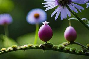 ein lila Blume ist auf ein Ast mit Blau Blumen. KI-generiert foto