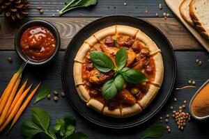 Hähnchen Curry mit Gemüse und Gewürze auf ein schwarz Platte. KI-generiert foto