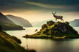 ein Hirsch steht auf ein klein Insel im das Mitte von ein See. KI-generiert foto