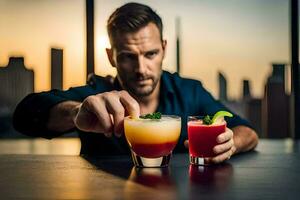 ein Mann ist halten ein Cocktail Glas mit zwei anders Getränke. KI-generiert foto