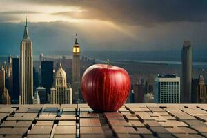 ein Apfel sitzt auf oben von ein Tabelle im Vorderseite von ein Stadtbild. KI-generiert foto