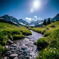 Sommer- Gelassenheit im das alpin Berge, Bild generiert durch ai foto