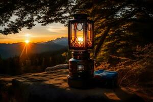 ein Laterne ist zündete oben beim Sonnenuntergang im das Berge. KI-generiert foto