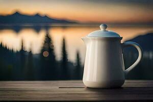 Kaffee Topf auf hölzern Tabelle mit Berge im das Hintergrund. KI-generiert foto