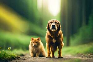 zwei Hunde Stehen auf ein Schmutz Straße im das Wald. KI-generiert foto