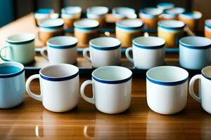 ein Reihe von Kaffee Tassen auf ein Tisch. KI-generiert foto