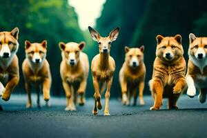 ein Gruppe von Hirsch Laufen Nieder das Straße. KI-generiert foto