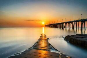 ein Seebrücke beim Sonnenuntergang mit das Sonne Rahmen hinter Es. KI-generiert foto