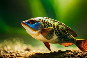 ein Fisch mit hell Farben ist Stehen auf das Boden. KI-generiert foto