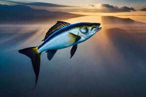 ein Fisch fliegend Über das Ozean beim Sonnenuntergang. KI-generiert foto