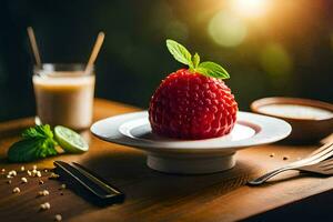 ein Erdbeere auf ein Teller mit ein Löffel und Gabel. KI-generiert foto