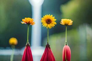 drei Sonnenblumen sind Stehen im Vorderseite von ein Brunnen. KI-generiert foto