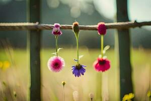 drei Blumen hängend von ein Zaun im ein Feld. KI-generiert foto