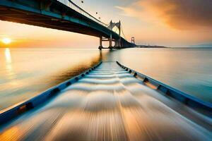 ein Boot ist Reisen unter ein Brücke beim Sonnenuntergang. KI-generiert foto