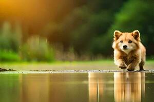ein klein Hund Laufen über ein nass Feld. KI-generiert foto