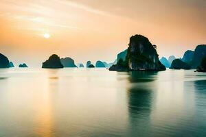 das Sonne setzt Über das Wasser im Halong Bucht, Vietnam. KI-generiert foto