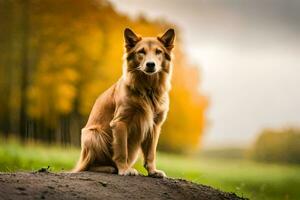 ein golden Retriever Hund Sitzung auf oben von ein hügel. KI-generiert foto