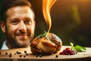 ein Mann ist lächelnd während halten ein Stück von Fleisch auf ein hölzern Tafel. KI-generiert foto