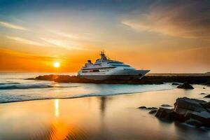 ein Yacht ist angedockt beim das Strand während Sonnenuntergang. KI-generiert foto