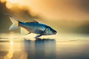 ein Fisch ist Schwimmen im das Wasser beim Sonnenuntergang. KI-generiert foto