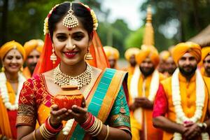 ein Frau im ein indisch Hochzeit Kleid halten ein klein Objekt. KI-generiert foto