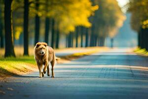 ein Hund Gehen Nieder ein Straße im das Mitte von ein Wald. KI-generiert foto