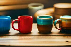 bunt Kaffee Tassen auf ein hölzern Tisch. KI-generiert foto