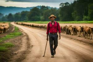 ein Mann Gehen entlang ein Schmutz Straße mit Vieh. KI-generiert foto