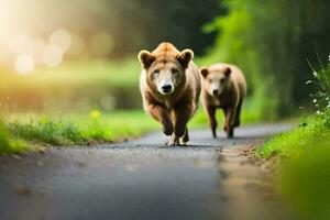 zwei braun Bären Gehen Nieder ein Straße. KI-generiert foto