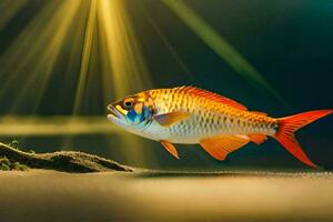 ein Fisch im ein Aquarium mit Sonnenlicht leuchtenden. KI-generiert foto