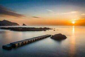 ein hölzern Seebrücke im das Ozean beim Sonnenuntergang. KI-generiert foto