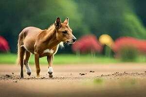 ein braun Hund Laufen über ein Schmutz Feld. KI-generiert foto