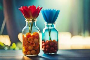 zwei Glas Vasen mit Blumen im ihnen. KI-generiert foto