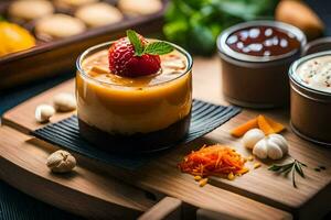 ein Dessert mit Erdbeeren und Schokolade auf ein Schneiden Tafel. KI-generiert foto