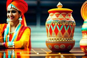ein Frau im traditionell indisch Kleid sitzt Nächster zu ein bunt Topf. KI-generiert foto