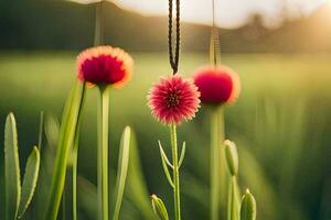 ein rot Blume ist im das Mitte von ein Feld. KI-generiert foto