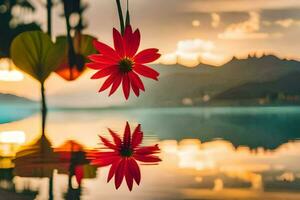 rot Blume im das Wasser mit Berge im das Hintergrund. KI-generiert foto