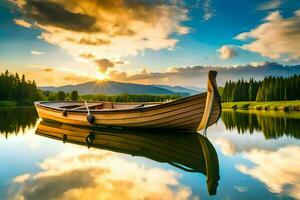 ein Boot auf das See beim Sonnenuntergang. KI-generiert foto