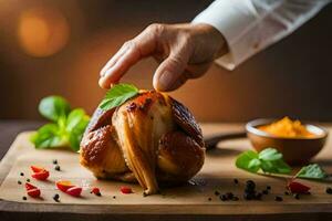 ein Person ist halten ein Hähnchen auf ein Schneiden Tafel. KI-generiert foto