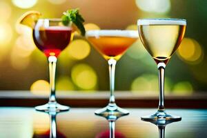drei anders Typen von alkoholisch Getränke sind gezeigt. KI-generiert foto
